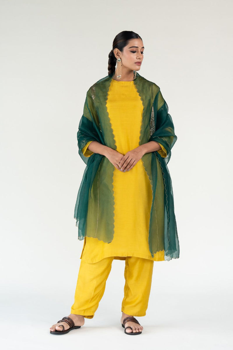 Gulzar Kurta Set with 
Shama Odhani-Mustard & Emerald silk by Nirjara in multi color for women Worldwide