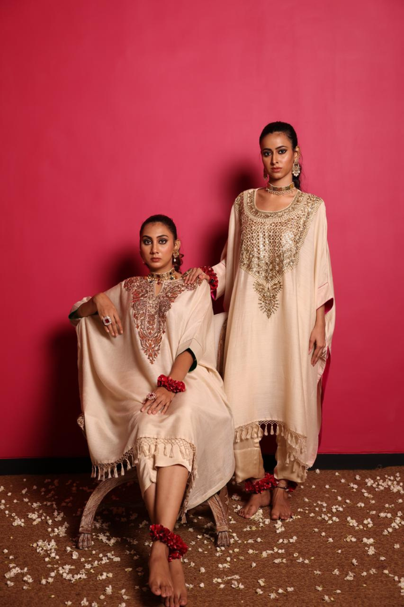 Beige Mogha Silk Gota & Baadla Hand Embroidered Kurta Set by Sabo by Sabina for women Worldwide