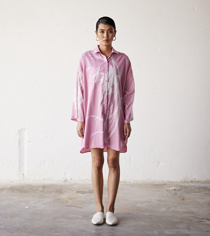 Summer Garden Shirt dress cotton Dress by Khara Kapas in pink for women Worldwide