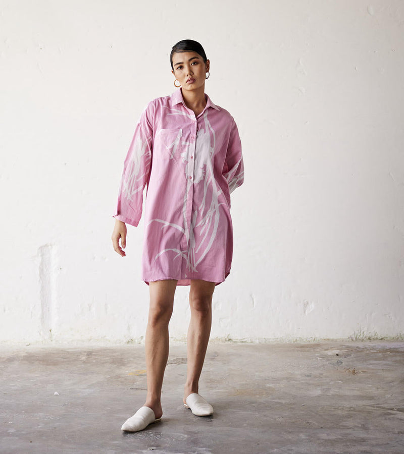 Summer Garden Shirt dress cotton Dress by Khara Kapas in pink for women Worldwide