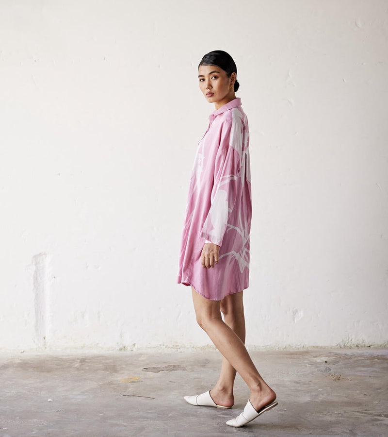 Summer Garden Shirt dress cotton Dress by Khara Kapas in pink for women Worldwide
