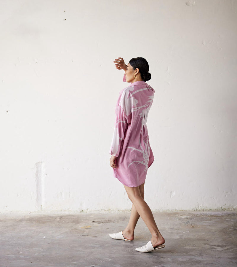 Summer Garden Shirt dress cotton Dress by Khara Kapas in pink for women Worldwide