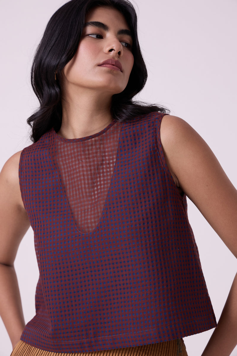 Ori Blue Checkered Handwoven Top handwoven silk cotton top/shirt by The Summer House in blue for women Worldwide