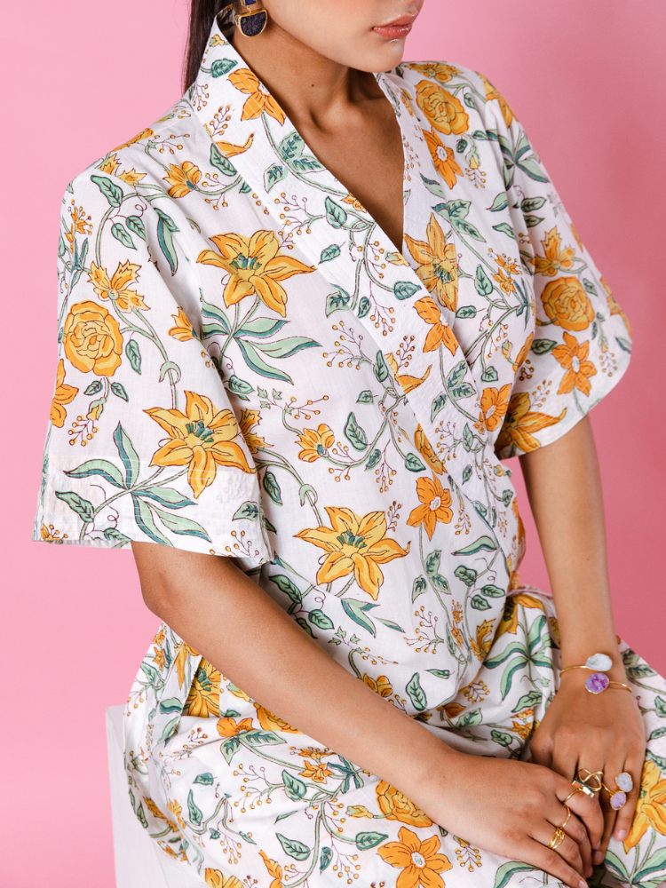 Yellow Dahlia Kimono Co-Ord Co-ord Set by Marche in white color for women Worldwide