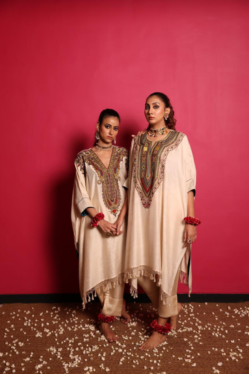 Beige Mogha Silk Thread & Zardozi Hand Embroidered Kurta Set by Sabo by Sabina for women Worldwide