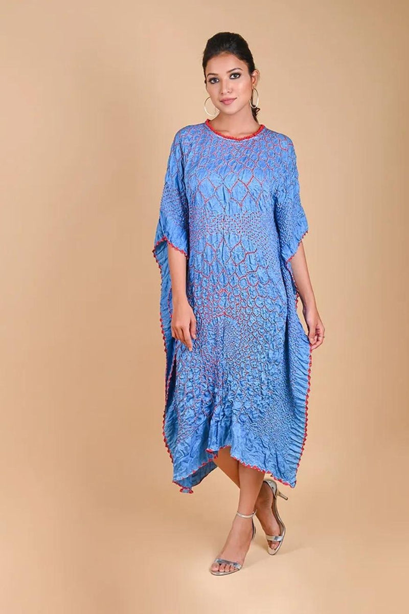THREE FLOWERS KAFTAN-SKY BLUE silk by Dyelogue in blue color for women Worldwide