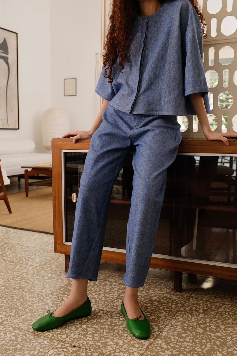 Hayes Pant indigenous cotton pant/trouser by MASON AND MILL in blue for women Worldwide