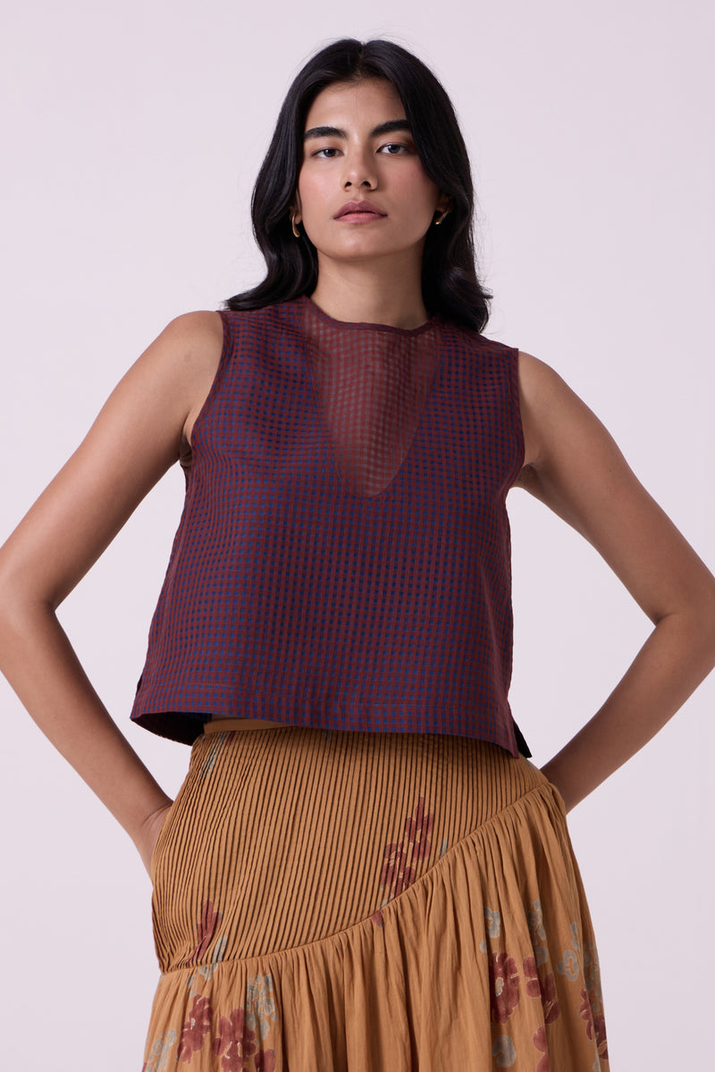 Ori Blue Checkered Handwoven Top handwoven silk cotton top/shirt by The Summer House in blue for women Worldwide