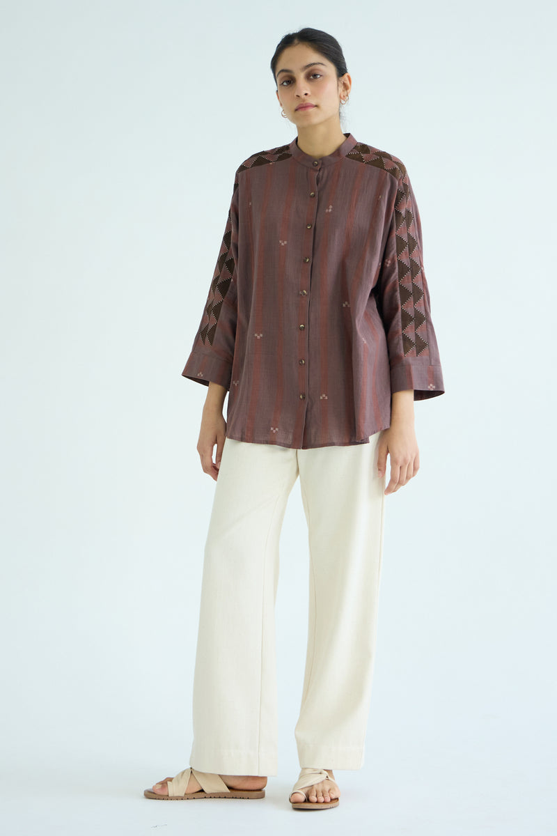 Amer Brown Handwoven Embroidered Top handwoven jamdhani cotton top/shirt by The Summer House in brown for women Worldwide