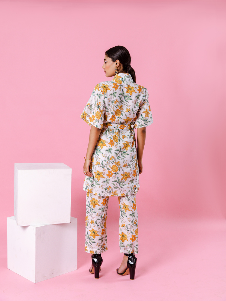 Yellow Dahlia Kimono Co-Ord Co-ord Set by Marche in white color for women Worldwide
