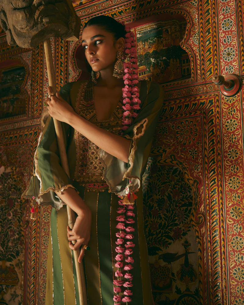 Khel Olive Green Yoke Embellished Kurta Set by Rajiramniq in green color for women Worldwide