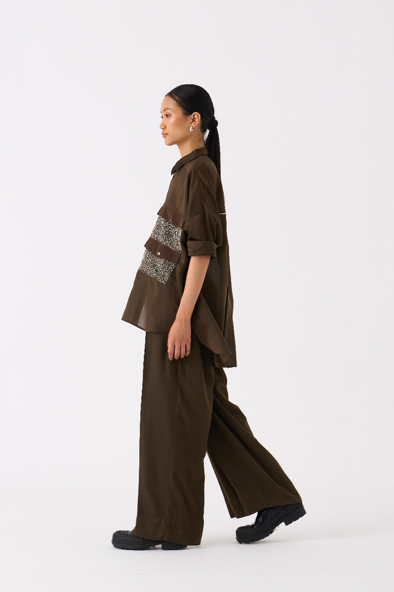 PATCH POCKET SHIRT CO-ORD
(SET OF 2)-DARK OLIVE poplin by THREE in olive color for women Worldwide