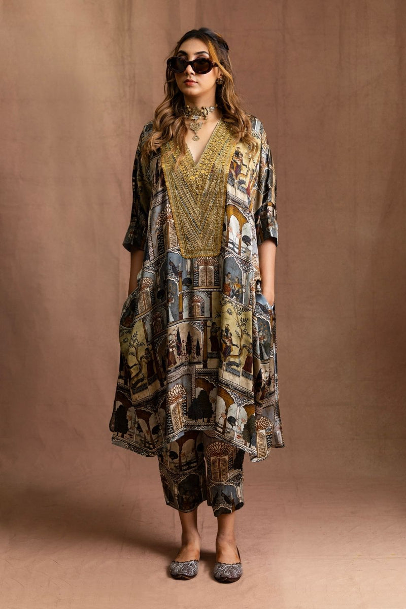 Square Tunic Set-Moghul Miniature (Charcoal Multi) satin by Sabo by Sabina for women Worldwide