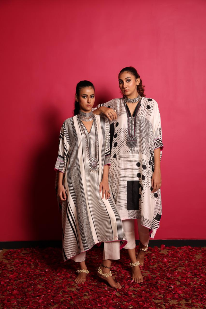 Black/White Silk Zipper Kurta & Pant Set-Geometric Print silk by Sabo by Sabina for women Worldwide