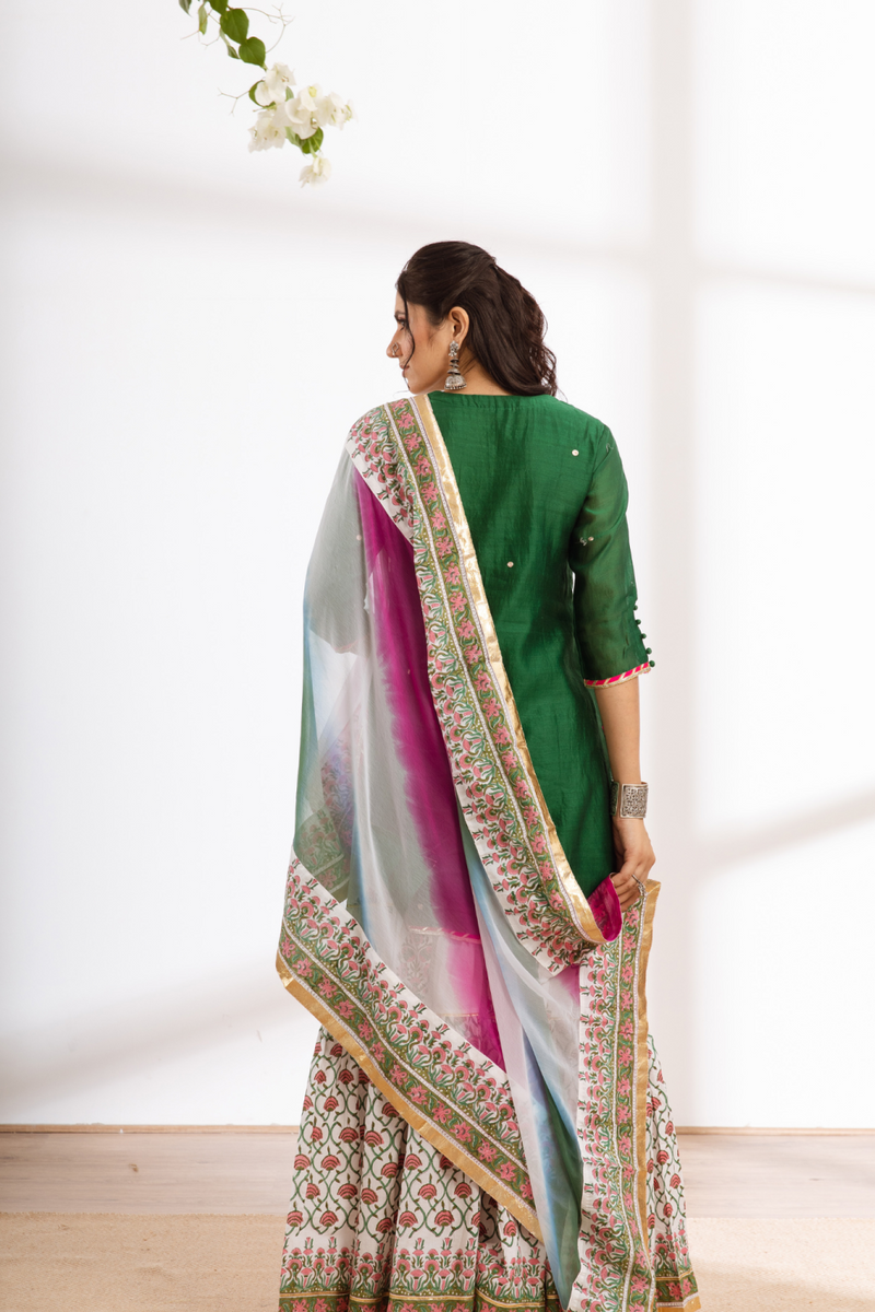Rasika Harita Sharara Set - green hand block printed chanderi sharara set chanderi by Maison Shefali in green color for women Worldwide