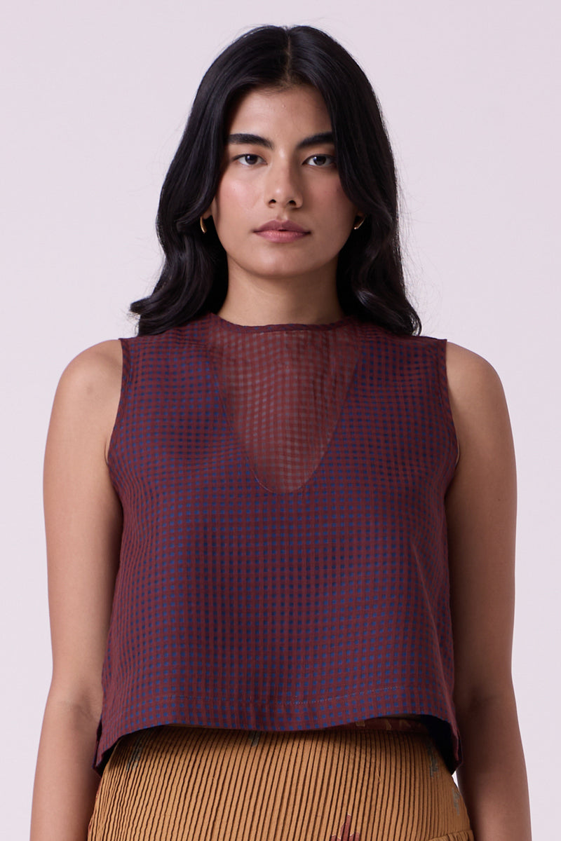 Ori Blue Checkered Handwoven Top handwoven silk cotton top/shirt by The Summer House in blue for women Worldwide