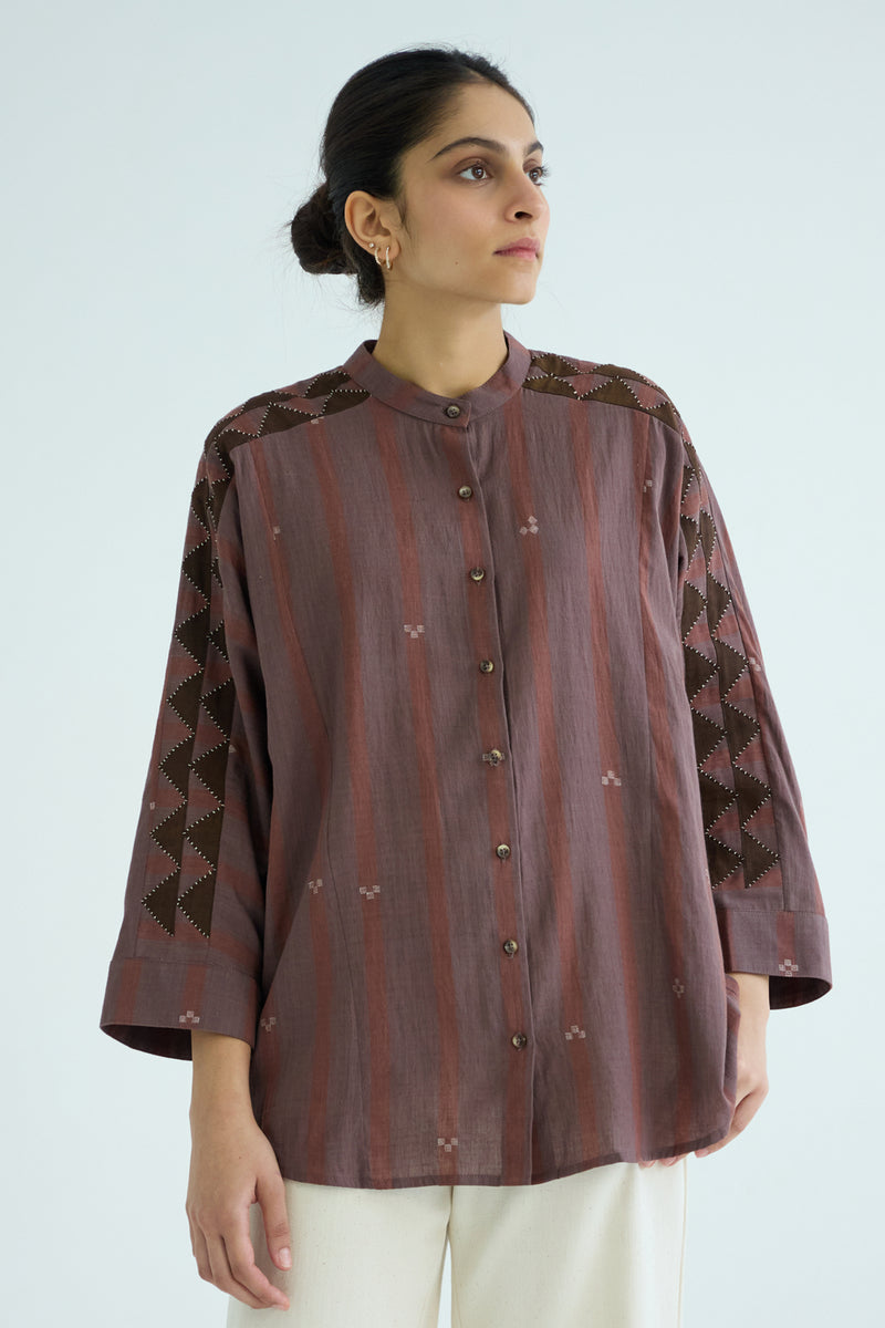 Amer Brown Handwoven Embroidered Top handwoven jamdhani cotton top/shirt by The Summer House in brown for women Worldwide