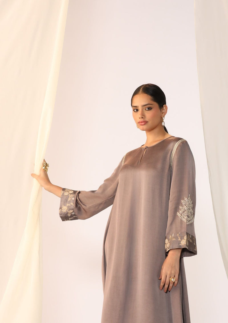 Linen satin keyhole kurta with delicate handwork satin by Myoho in grey color for women Worldwide
