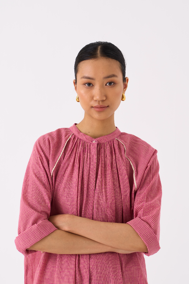 GATHER NECK SHIRT CO-ORD 
(SET OF 2)-PINK CHECK mul by THREE in pink color for women Worldwide