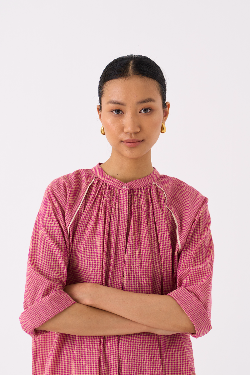 GATHER NECK SHIRT CO-ORD 
(SET OF 2)-PINK CHECK