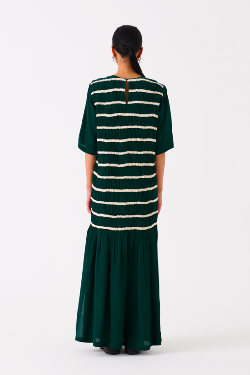 SHIRRING DRESS-GREEN by THREE in green color for women Worldwide