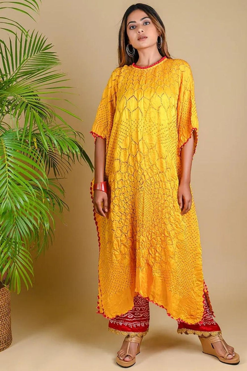 THREE FLOWERS KAFTAN-YELLOW silk by Dyelogue in yellow color for women Worldwide