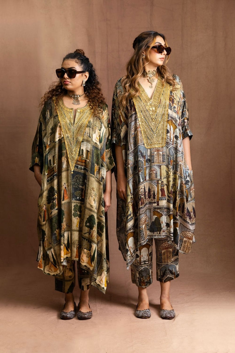 Square Tunic Set-Moghul Miniature (Charcoal Multi) satin by Sabo by Sabina for women Worldwide