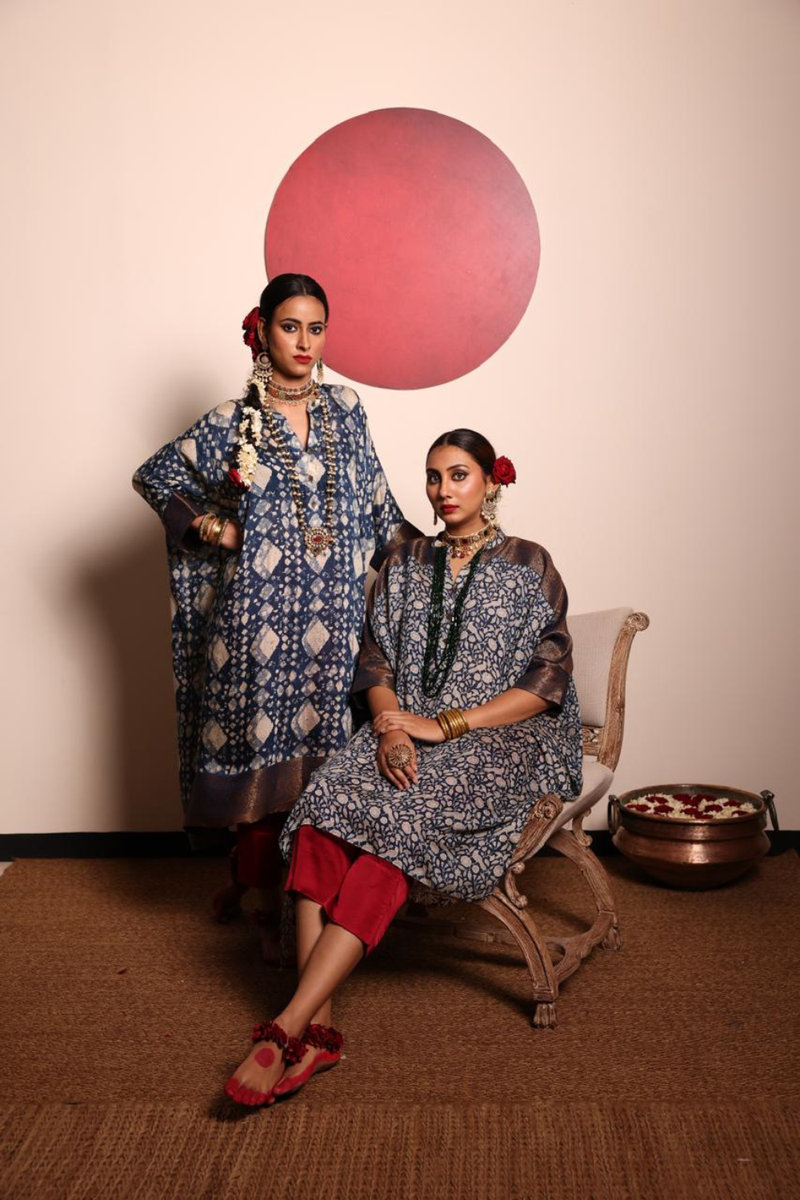 Indigo Chanderi Silk Tunic & Red Pant Set-Shoulder Zari Border silk by Sabo by Sabina for women Worldwide