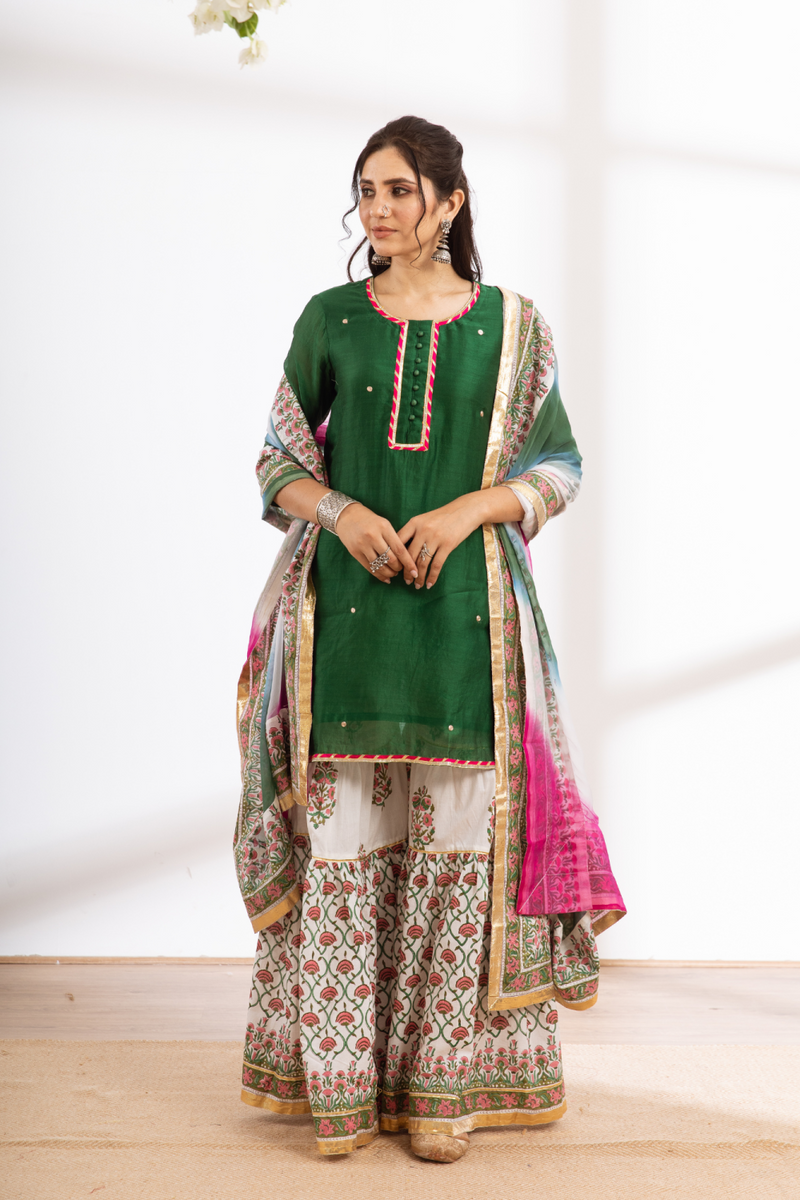 Rasika Harita Sharara Set - green hand block printed chanderi sharara set chanderi by Maison Shefali in green color for women Worldwide