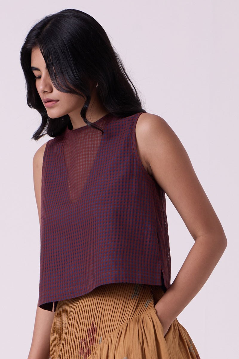 Ori Blue Checkered Handwoven Top handwoven silk cotton top/shirt by The Summer House in blue for women Worldwide