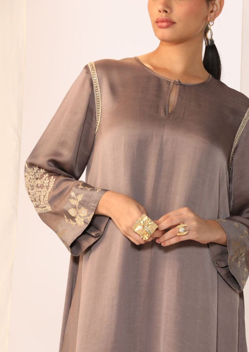 Linen satin keyhole kurta with delicate handwork satin by Myoho in grey color for women Worldwide