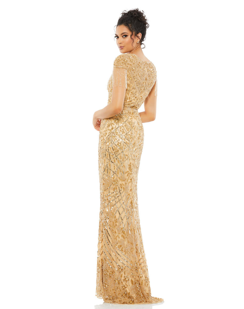 4715-Embellished Fringe Cap Sleeve Trumpet Gown by Mac Duggal in gold color for women Worldwide