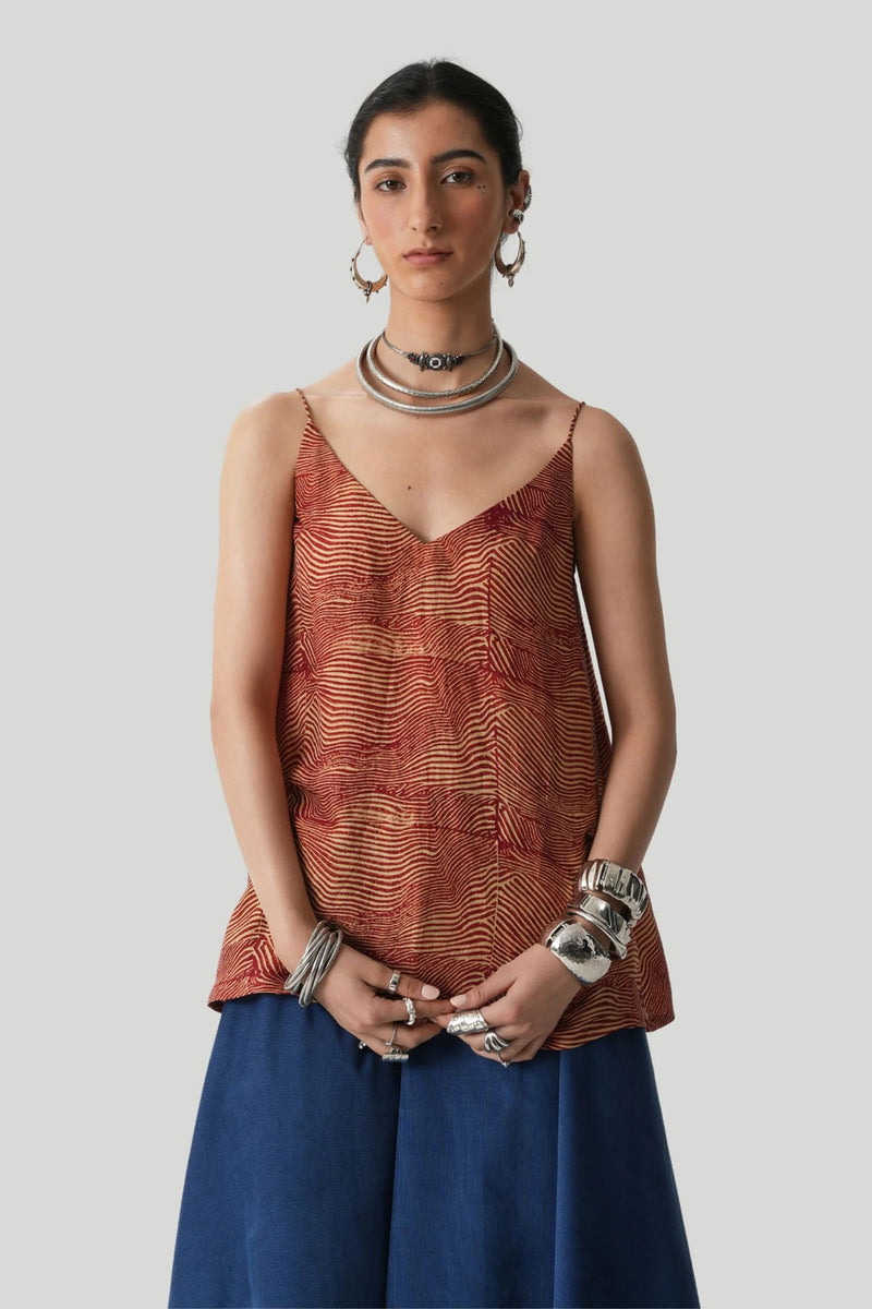 Daene Hand Printed Red Top handwoven silk top/shirt by The Summer House in red for women Worldwide