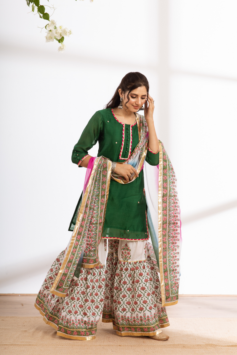 Rasika Harita Sharara Set - green hand block printed chanderi sharara set chanderi by Maison Shefali in green color for women Worldwide