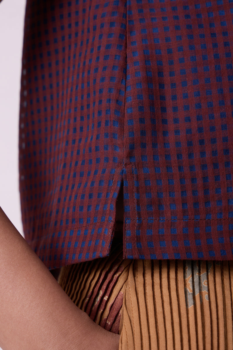 Ori Blue Checkered Handwoven Top handwoven silk cotton top/shirt by The Summer House in blue for women Worldwide