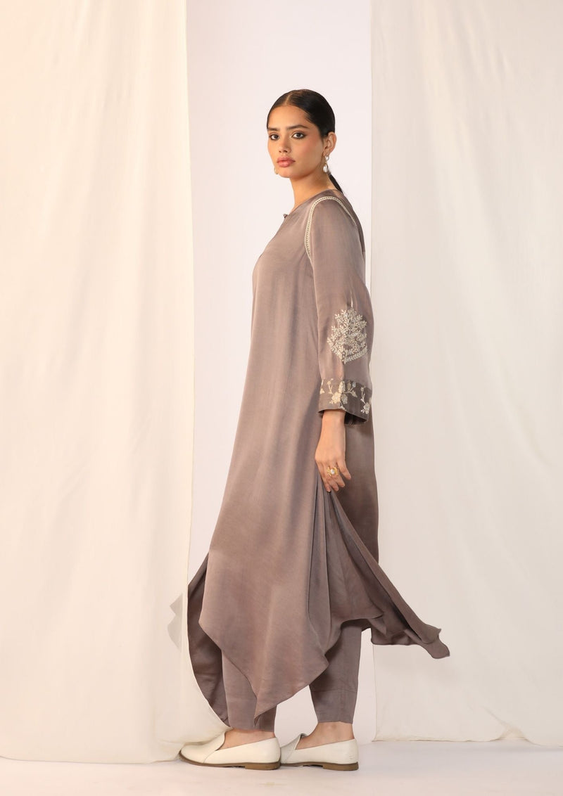 Linen satin keyhole kurta with delicate handwork satin by Myoho in grey color for women Worldwide