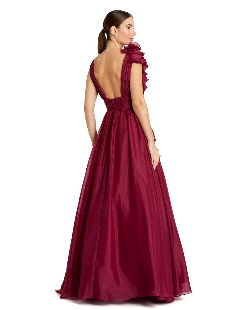 48856-Burgundy Ruffle Shoulder V-Neck Chiffon Gown chiffon by Mac Duggal for women Worldwide
