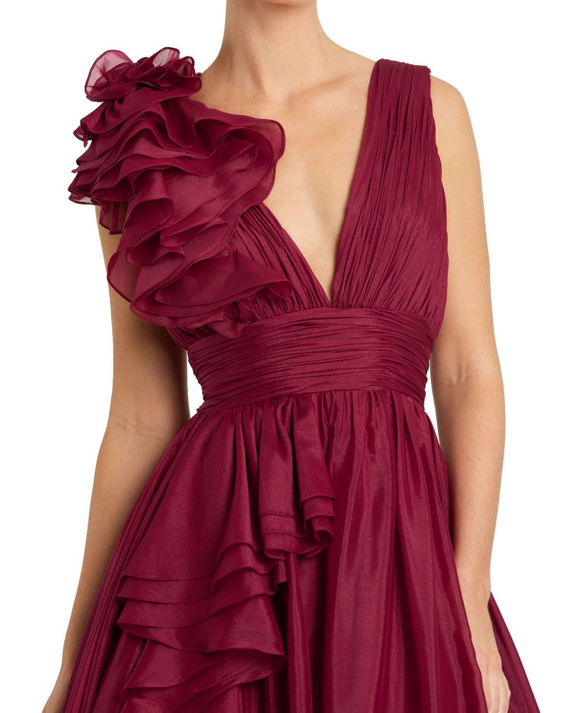 48856-Burgundy Ruffle Shoulder V-Neck Chiffon Gown chiffon by Mac Duggal for women Worldwide