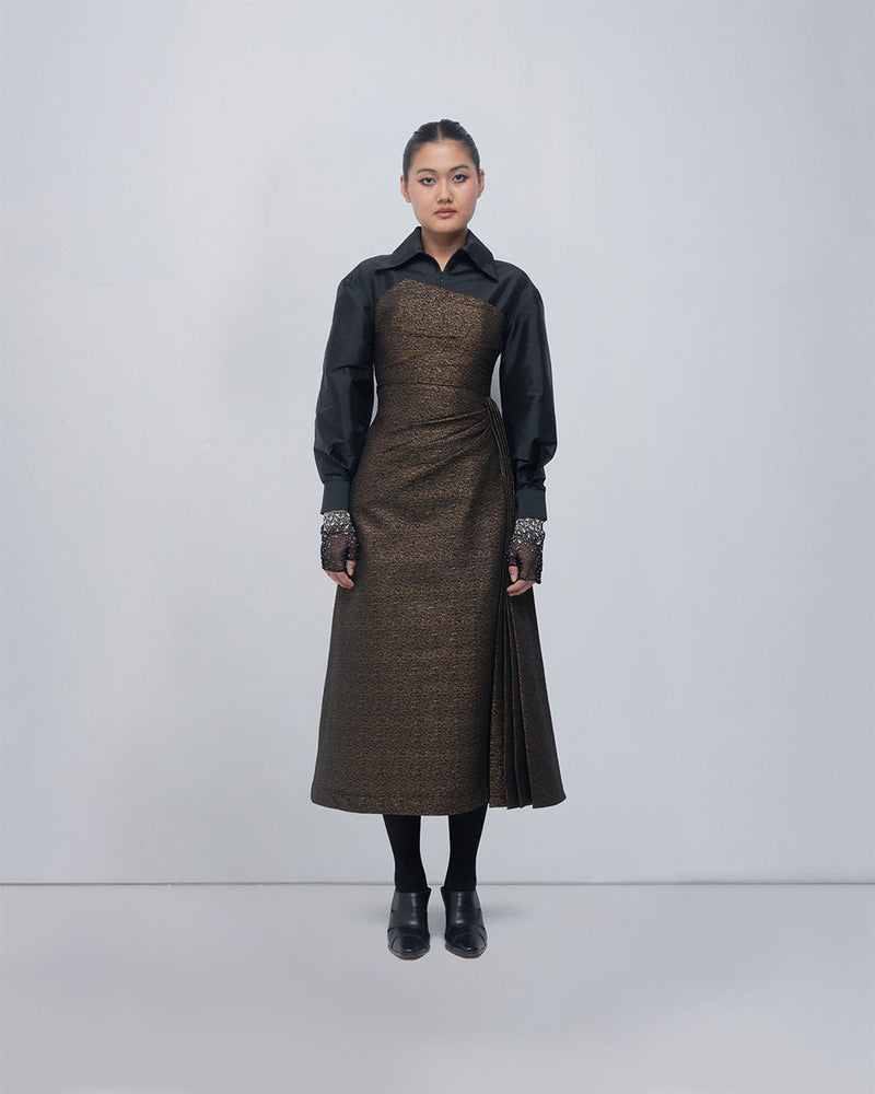 Maey Draped Dress viscose by Leh Studios in gold, black for women Worldwide