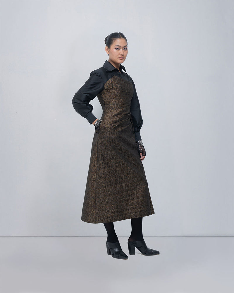 Maey Draped Dress viscose by Leh Studios in gold, black for women Worldwide