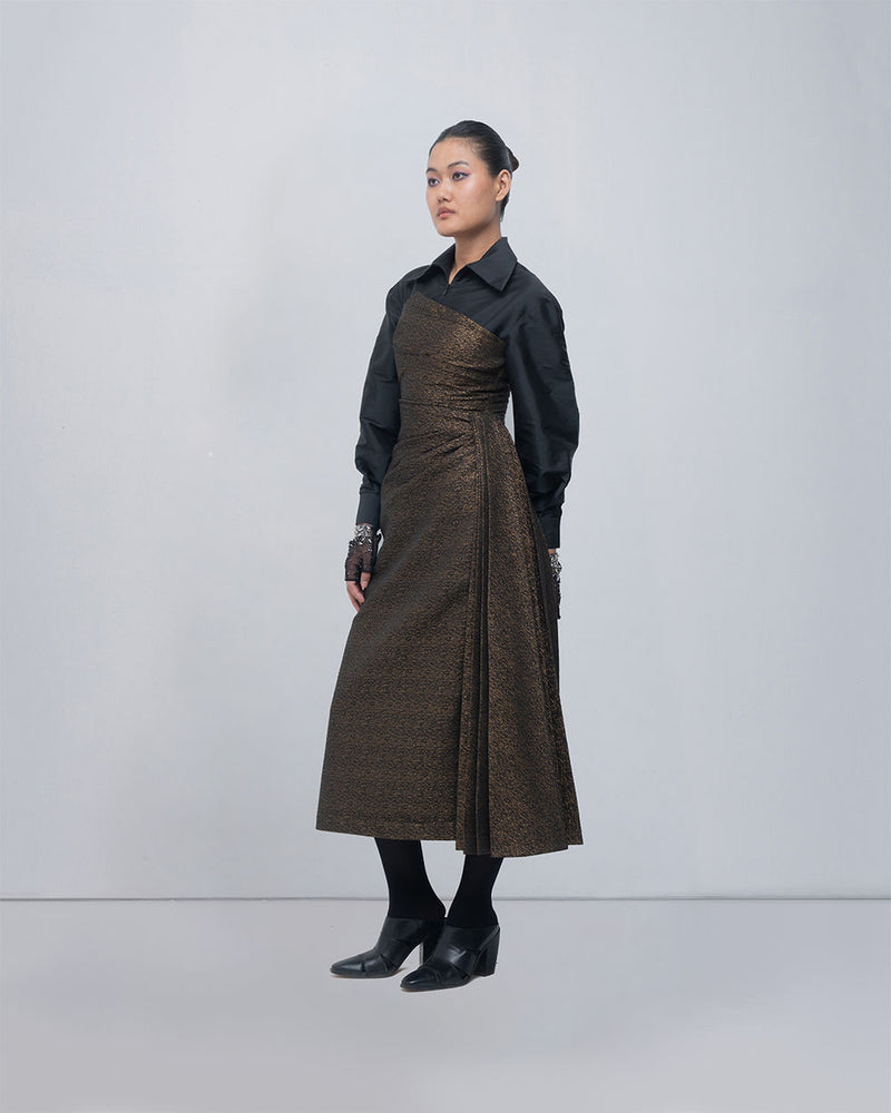 Maey Draped Dress viscose by Leh Studios in gold, black for women Worldwide