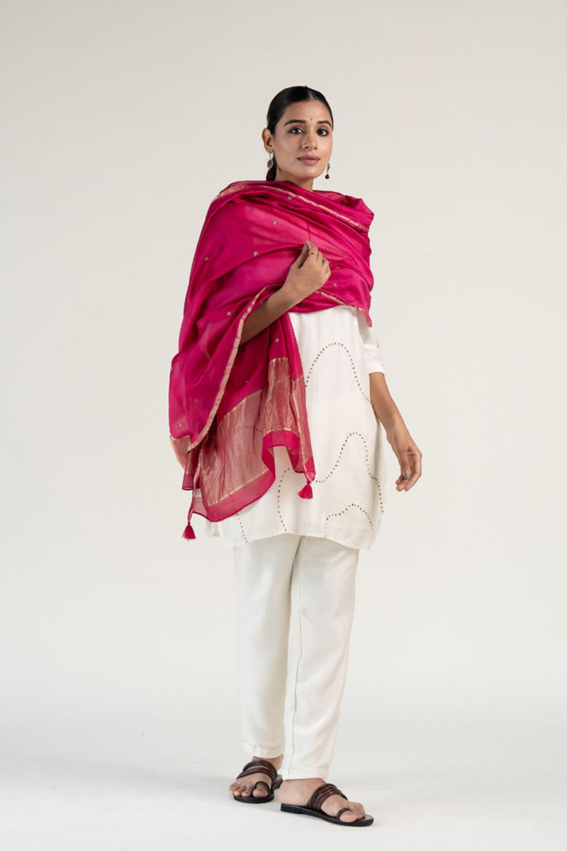 Mehr Kurta Set 
with Ayra Odhani-Ivory & Rani Pink silk by Nirjara in multi color for women Worldwide