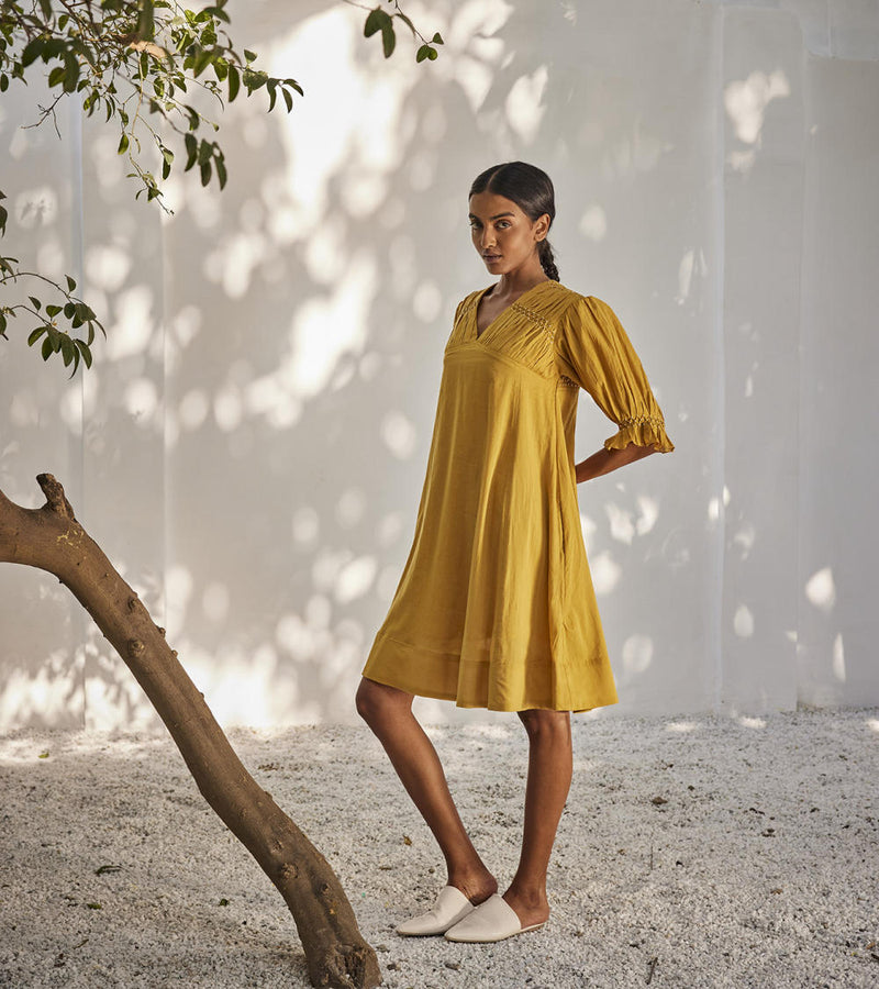 Warm afternoon dress Dress by Khara Kapas in yellow for women Worldwide