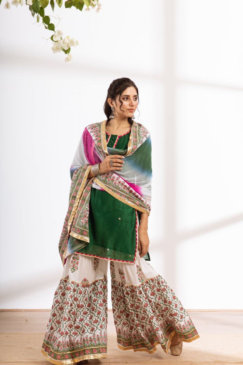 Rasika Harita Sharara Set - green hand block printed chanderi sharara set chanderi by Maison Shefali in green color for women Worldwide