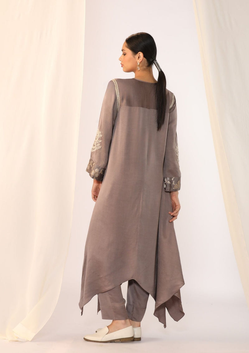 Linen satin keyhole kurta with delicate handwork satin by Myoho in grey color for women Worldwide
