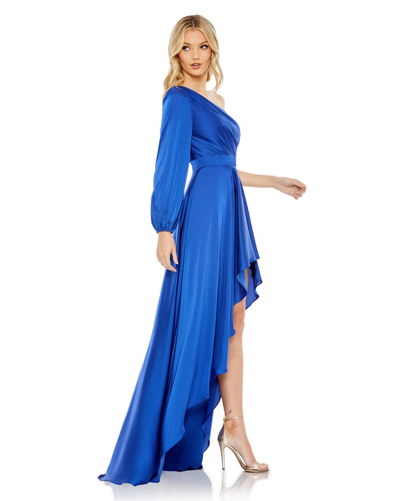 MD-49141 One Shoulder Asymmetric Dress-Blue satin by Mac Duggal in blue color for women Worldwide