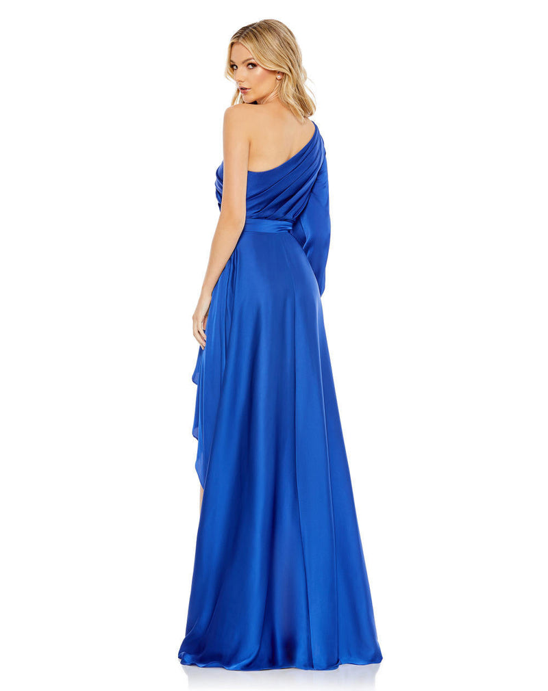 MD-49141 One Shoulder Asymmetric Dress-Blue satin by Mac Duggal in blue color for women Worldwide