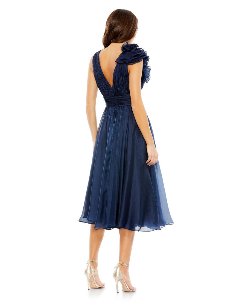 MD-49494 V Neck Midi Dress-Blue chiffon by Mac Duggal in blue color for women Worldwide