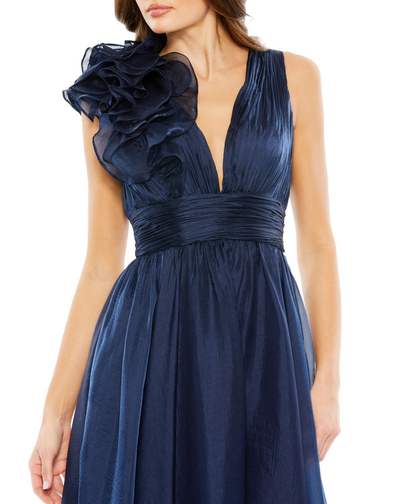 MD-49494 V Neck Midi Dress-Blue chiffon by Mac Duggal in blue color for women Worldwide