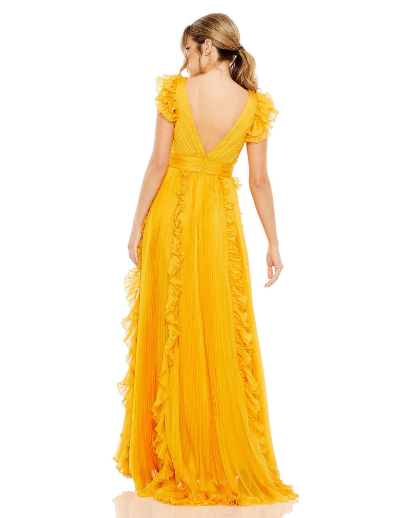 MD-49539 Frilled Long Dress-Yellow chiffon by Mac Duggal in yellow color for women Worldwide